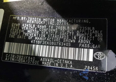 2011 Toyota Camry Le z USA, uszkodzony, nr VIN 4T1BF3EK0BU763405